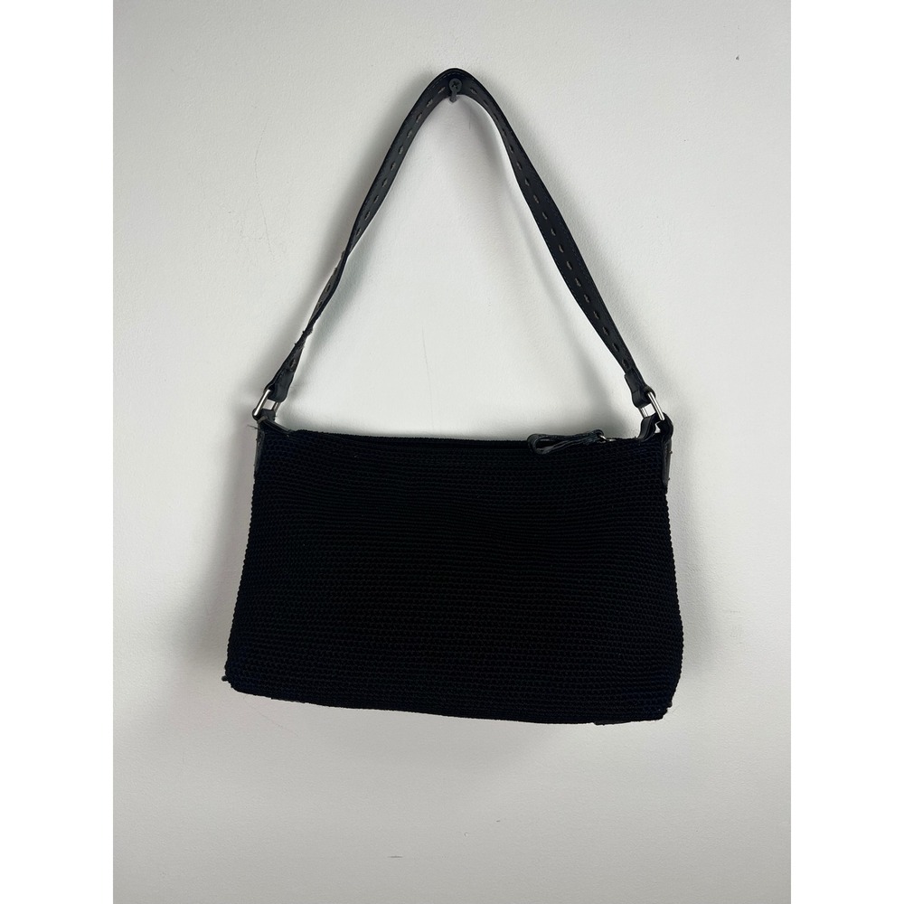 The Sak Black Crochet Shoulder Bag Purse with Leather Trim